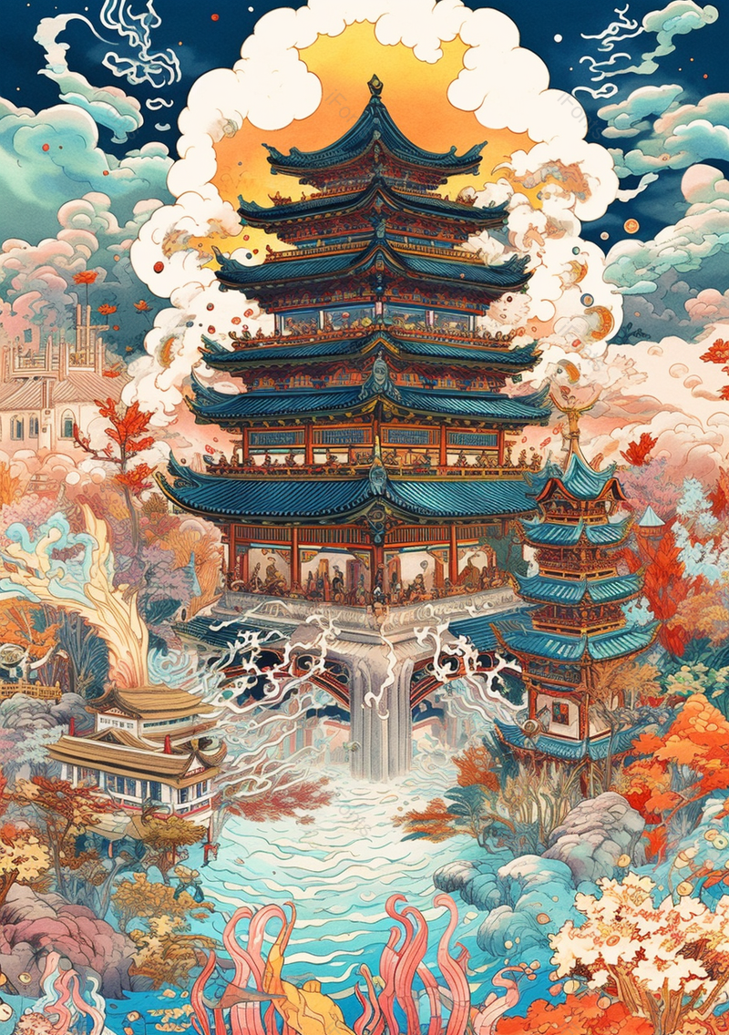 天庭中的宫殿中国风插画背景,插画/手绘图,插画/手绘图库,插画/手绘图下载,插画/手绘